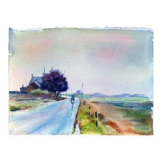 1970’s Original Watercolor Landscape Biking at the Beach Double Sided Painting For Sale