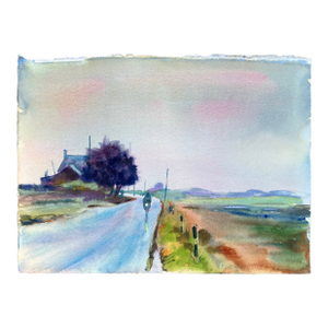 1970’s Original Watercolor Landscape Biking at the Beach Double Sided Painting