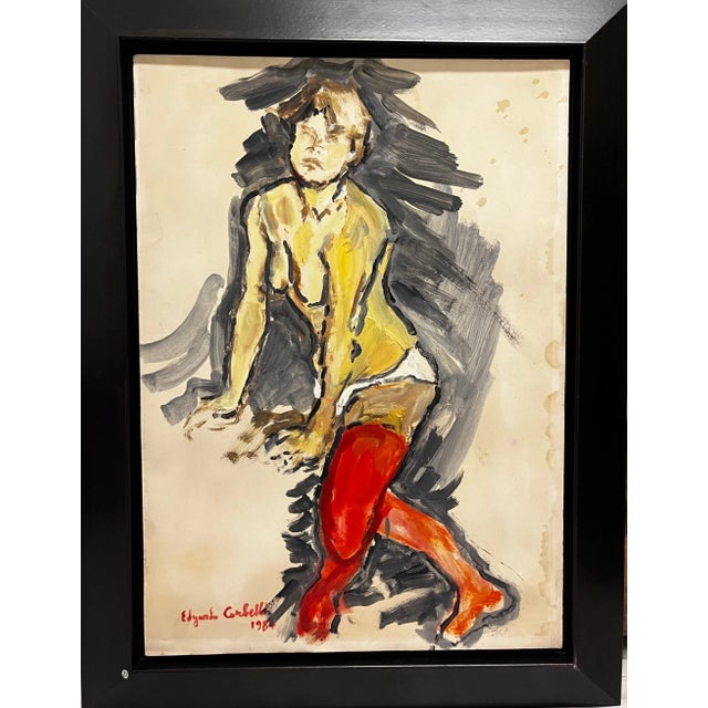 1980s Edgardo Corbelli, Woman with Red Stockings, Oil on Cardboard, 1984 For Sale - Image 5 of 5