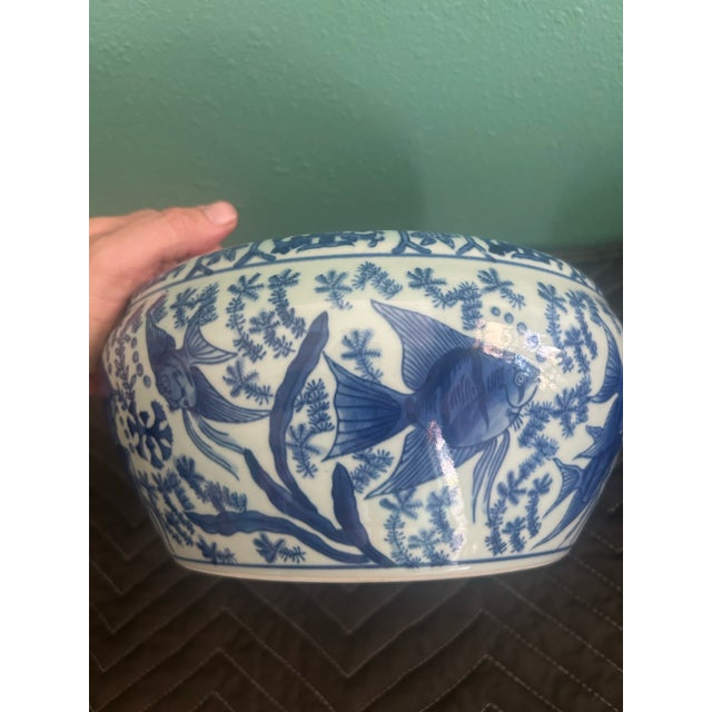 Ceramic Vintage Chinese Blue & White Porcelain Fishbowl Jardinière With Qianlong-Style Mark For Sale - Image 7 of 7