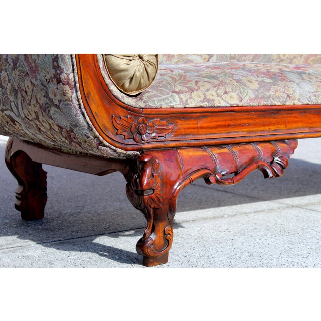 Wood Antique Victorian Rococo Revival Hand-Carved Rosewood Sofa – Early 20th Century Ornate Floral Upholstered Couch For Sale - Image 7 of 16