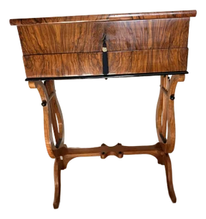 Antique Biedermeier Walnut Side/Sewing Table 1815-1845 With Lyre Shaped Legs