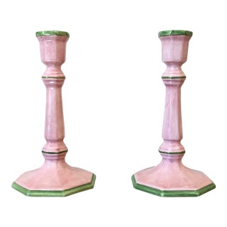 Late 20th Century Palm Beach Style Pink and Green Candlesticks, Made in Italy - a Pair For Sale