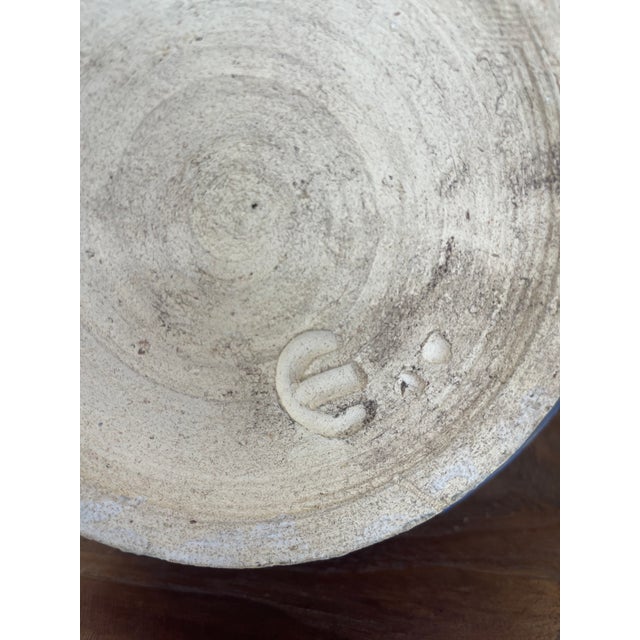 Blue Signed Studio Art Pottery Vase With Expressive Blue Drip Glaze and Textured Stoneware Body. For Sale - Image 8 of 8