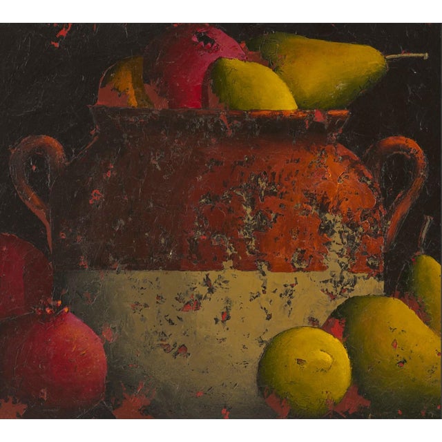 David Arms (American, 20th/21st Century) oil on wood panel still life depicting a pottery jar filled with pears, apples,...