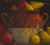 David Arms (American, 20th/21st Century) oil on wood panel still life depicting a pottery jar filled with pears, apples,...