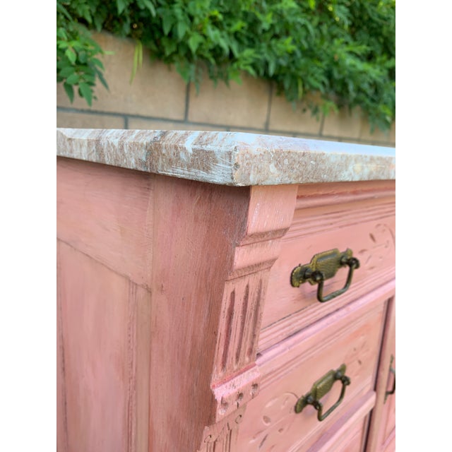 Antique Rustic Eastlake Spoon Carved Pink Commode W Marble Top For Sale - Image 11 of 11