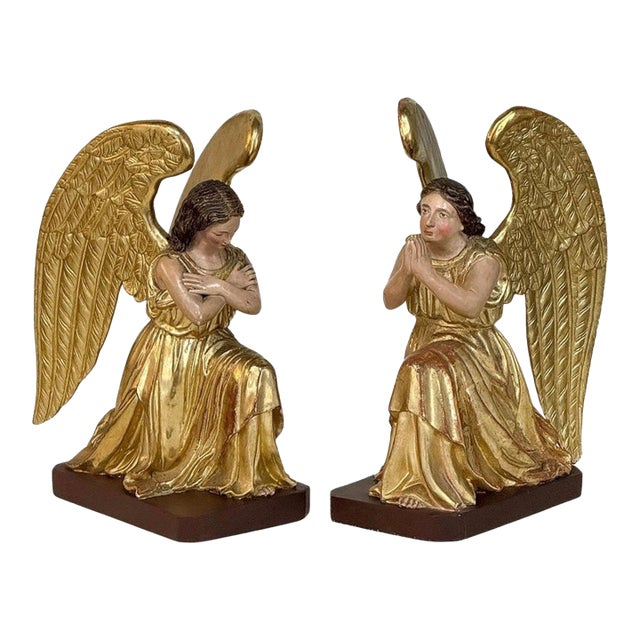Pair 18th Century Hand-Carved Polychromed Wood Angels For Sale