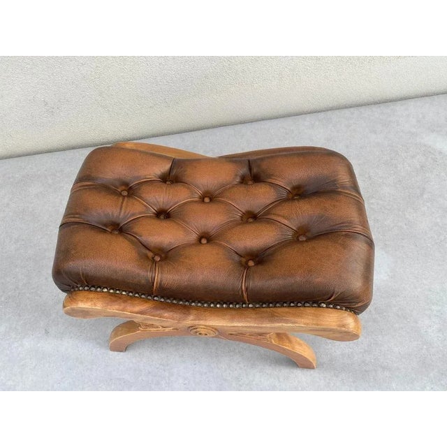 1960s Chesterfield Ottoman in Carved Wood and Leather, 1960s For Sale - Image 5 of 16