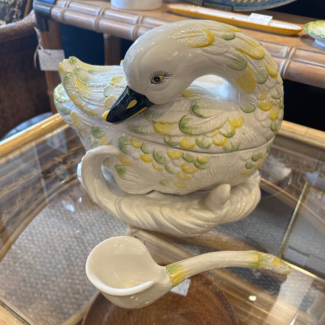 Spectacular ceramic swan soup tureen with ladle. Beautiful colors and details. Probably Italian. A great centerpiece for...