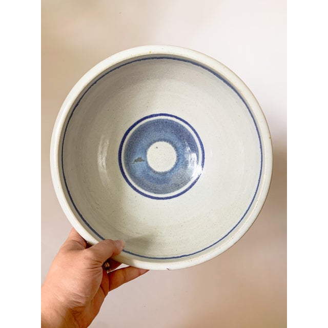 Late 20th Century Vintage Large Studio Pottery Blue Striped Bowl For Sale - Image 5 of 12