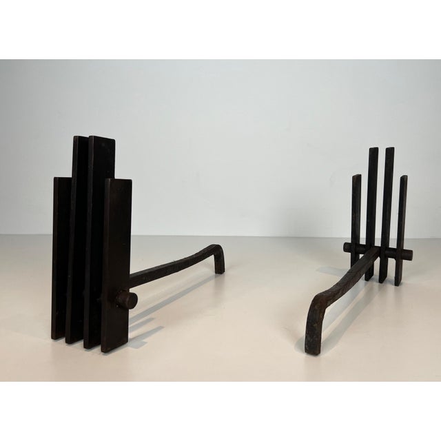 Modernist Steel Andirons. French Work. Circa 1970 - a Pair For Sale - Image 10 of 12