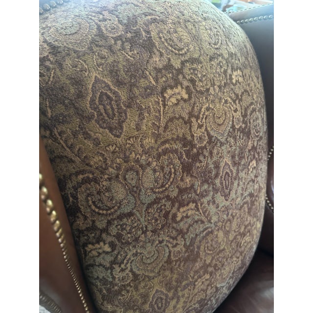 Wood Vintage Century Furniture Leather & Tapestry Oversized Wingback Chair For Sale - Image 7 of 14