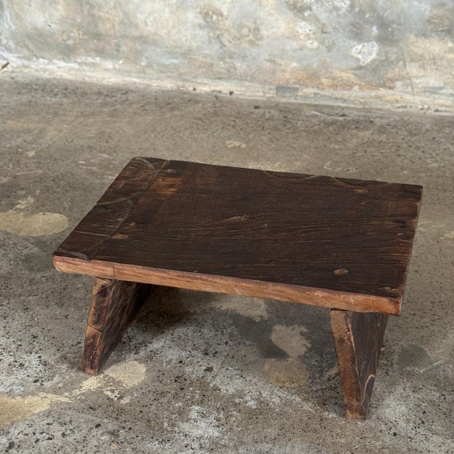 Small Occasional Stool in Upcycled Dark Brown Teak with Engraved Wood Finish, 1990s For Sale - Image 10 of 13