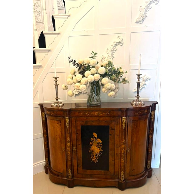 Antique Victorian Burr Walnut Sideboard Cabinet with Floral Marquetry Credenza, 1850 For Sale - Image 14 of 18
