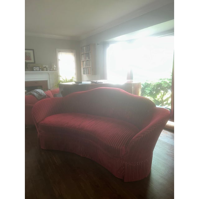 Mid-Century Modern Vintage Cherry- Red Channeled Velvet Banan Sofa For Sale - Image 3 of 6