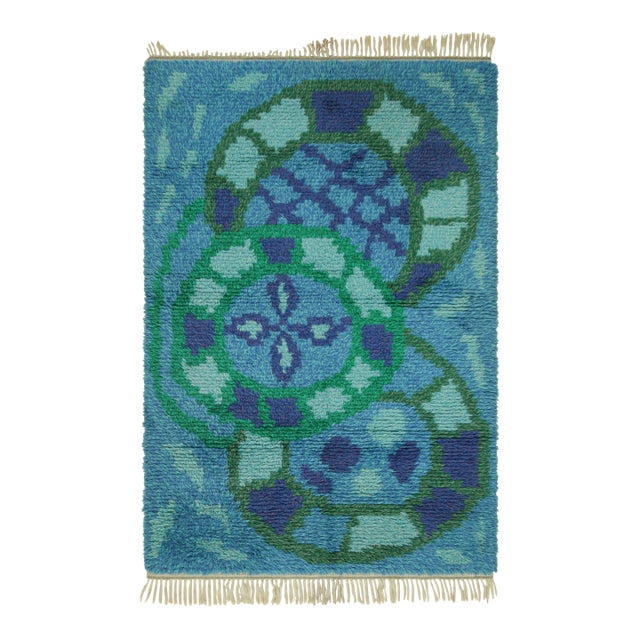 Vintage Swedish Rya Rug in Blue and Green With Geometric Pattern | Rug & Kilim For Sale
