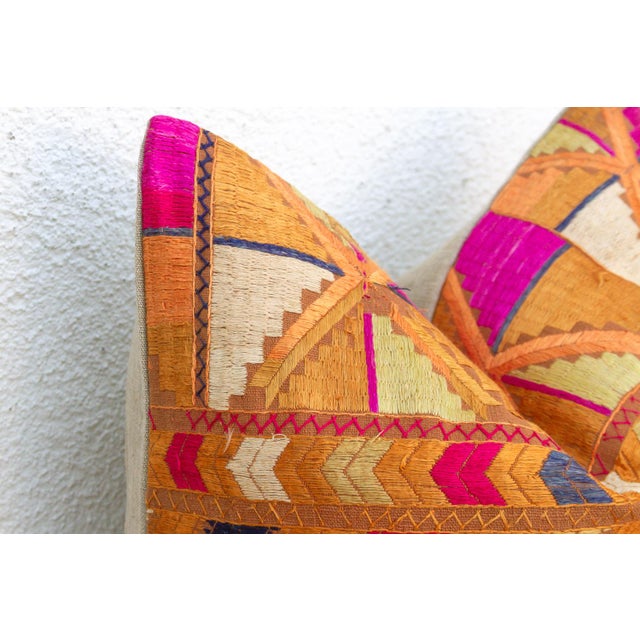Bold Leheriiya, 20" Heirloom Bagh Phulkari Pillow For Sale - Image 4 of 7