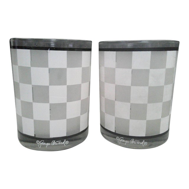 Vintage Mid-Century Modern Signed Georges Briard Frosted Checkers Lowball Glasses - Set of 2 For Sale