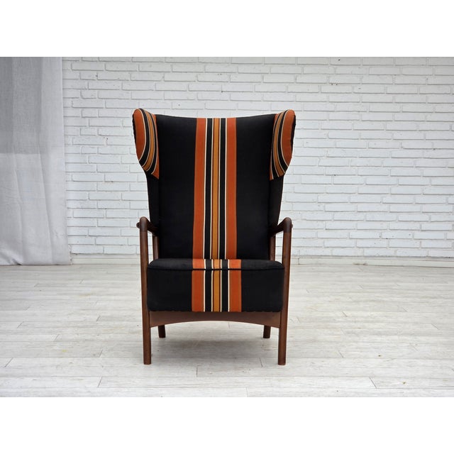 1960s, Danish highback armchair by Fritz Hansen. Original furniture wool, beech wood, springs in the seat. Original good...