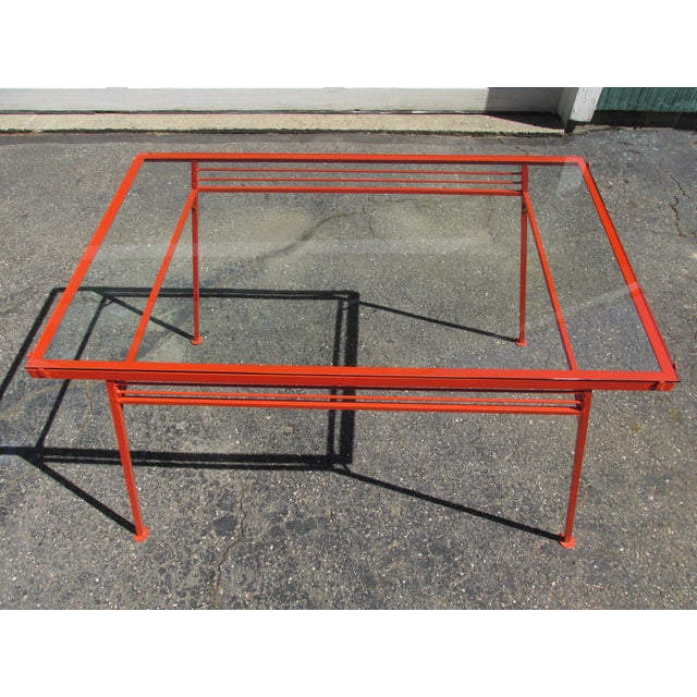 Modernist Style painted steel and glass outdoor / indoor dining table in the style of Milo Baughman for Pacific Iron...