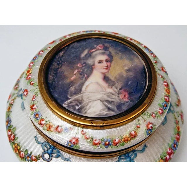 Enamel Box Gilt Inside Painted Flowers Garlands Ladys Portrait, France, 1890s For Sale - Image 4 of 10