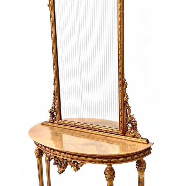 Glass Antique French Console Table with Marble Top and Mirror, 1890s, Set of 2 For Sale - Image 7 of 8