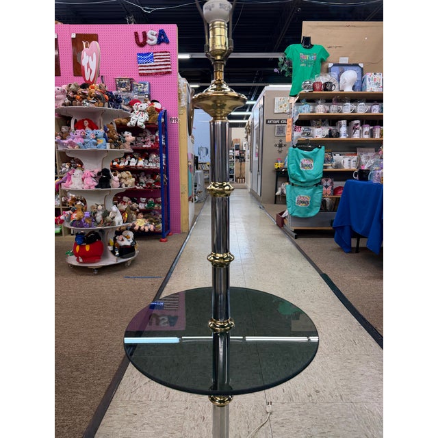 Mid-Century Modern Vintage Mid Century Modern Chrome & Brass Floor Lamp Glass Table Hollywood Regency Faux Bamboo For Sale - Image 3 of 10