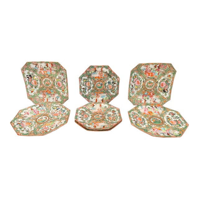 Antique Rose Medallion Octagonal Plates - Set of Seven For Sale