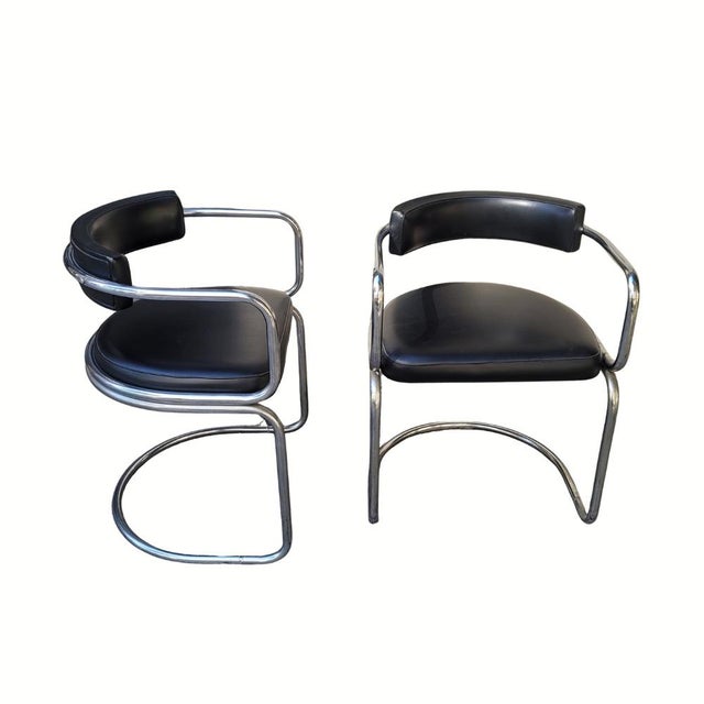 Pair of Bauhaus Armchairs, Chromed Steel and Black Leather, Modern Movement, 1970s – Switzerland Style: Bauhaus / Modern...
