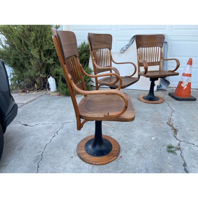 Antique Oak Courtroom Juror Chairs Set of 3 Cast Iron Base Early 1900s For Sale - Image 14 of 18
