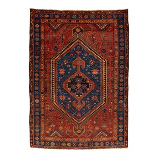 Handmade Vintage Designed Hamadan Wool Rug in Blue and Red For Sale