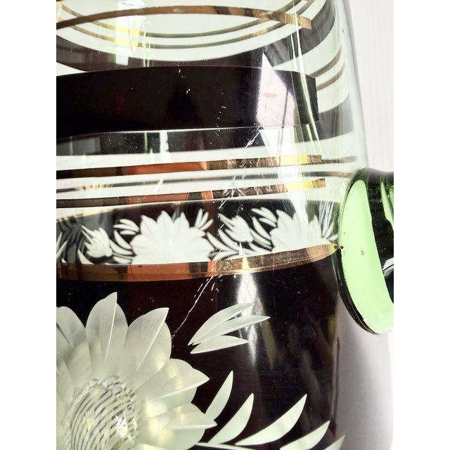 Mid 20th Century Vintage Mid-Century Modern Bohemian Green Glass Pitcher Cut Flowers, Gold & Black Bands For Sale - Image 5 of 17