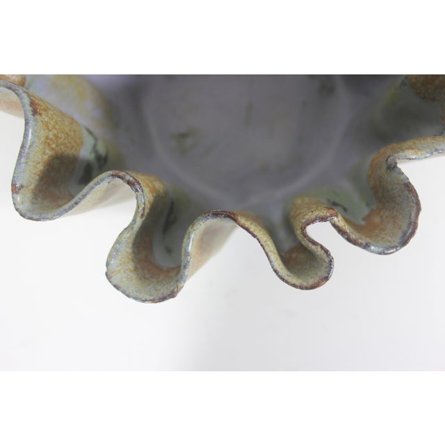 Sculptural Signed Studio Pottery Footed Bowl Organic Ruffled Edge Vintage For Sale - Image 9 of 13
