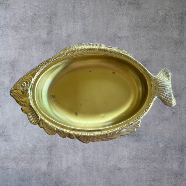 Brass Vintage Brass Fish Serving Casserole Dish Tray Holder Usa Ovenware Glass Insert For Sale - Image 8 of 11