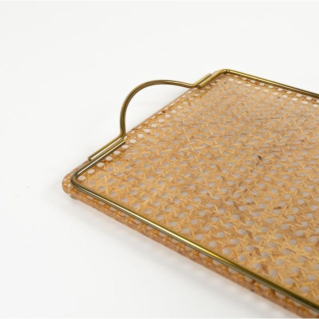 Mid-Century Acrylic Glass, Rattan and Brass Serving Tray in the style of Christian Dior, Italy, 1970s For Sale - Image 10 of 13