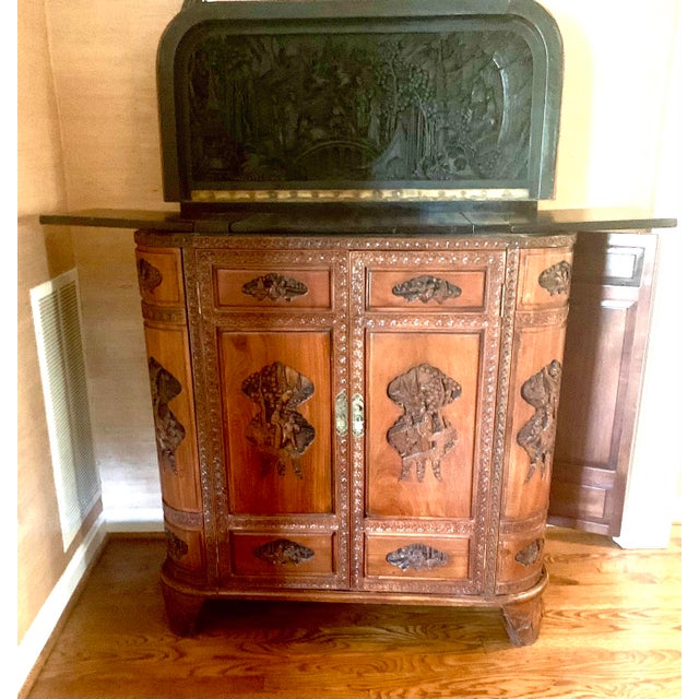 Wood 1960s Mid-Century Hand-Carved Asian Flip Top Bar Cabinet For Sale - Image 7 of 12