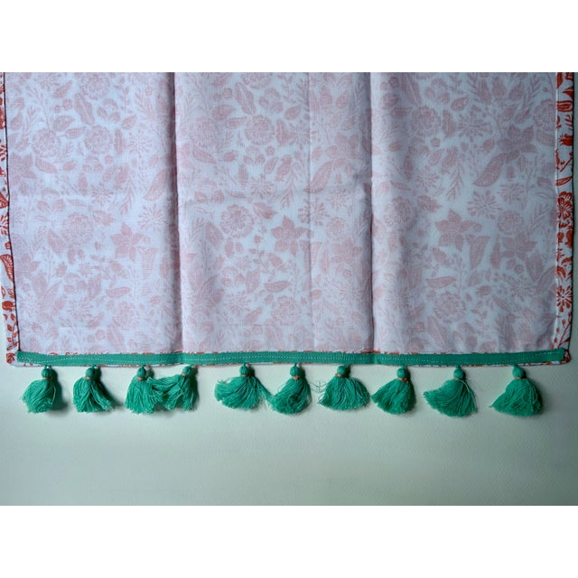 Pair Unused White Cotton, Coral Floral, Teal Tasseled Hand Towels For Sale - Image 13 of 17