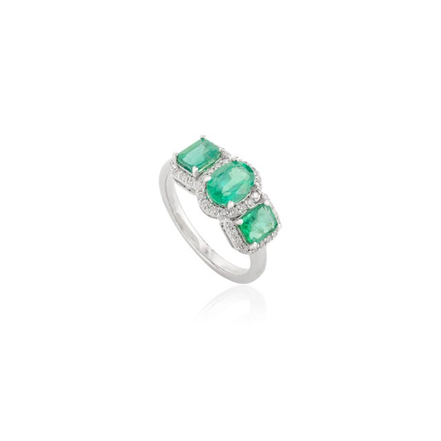 Art Deco Natural Three Stone Emerald Halo Diamond Wedding Ring Size 7 in 14k White Gold For Sale - Image 3 of 13