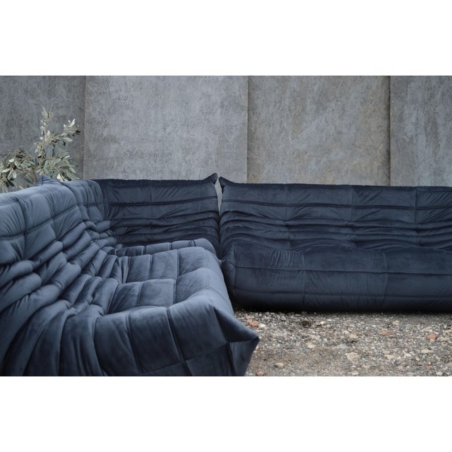 Refurbished 5-piece togo sofa set – blue velvet pre-owned, independently refurbished and professionally reupholstered togo...