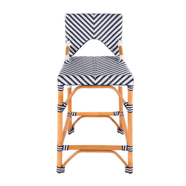 Coastal Creanly 25.25 in. Seat Height Rattan Counter Stool with Back and Footrest, White/Navy Dot / Natural Rattan Frame For Sale - Image 3 of 8