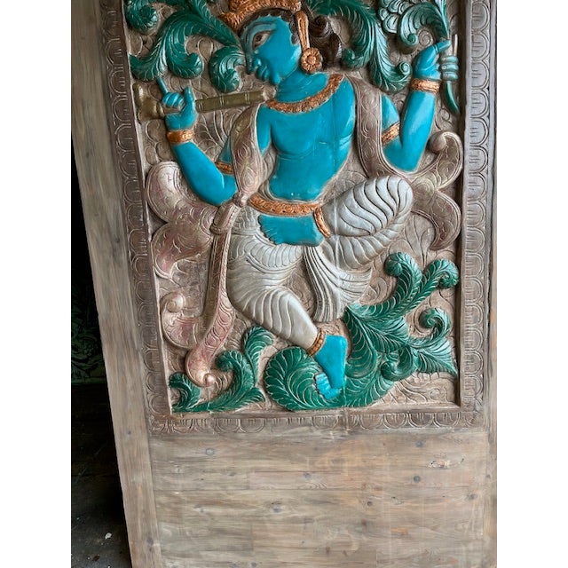 Vintage Indian Carved Barn Door, Blue Krishna Wall Sculpture, Temple Wall Art 78.5 For Sale - Image 4 of 7
