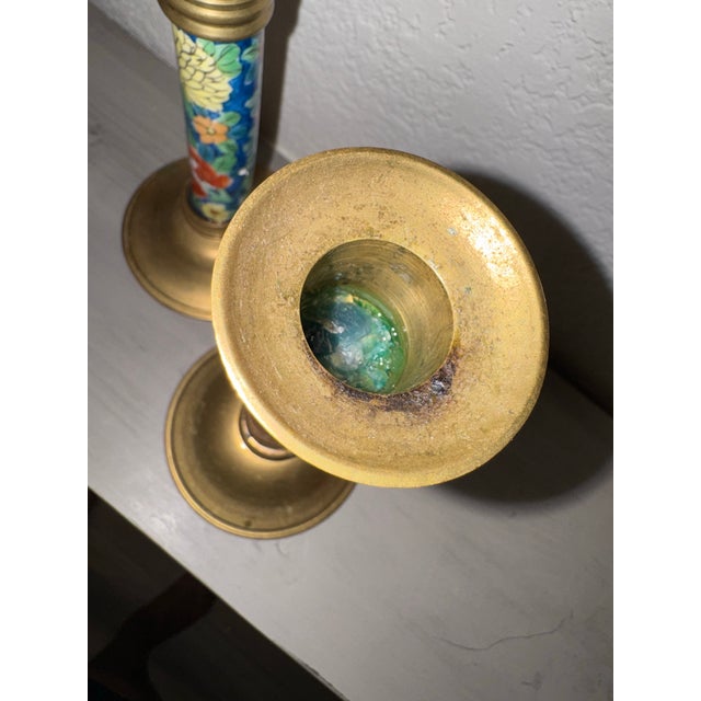 Late 20th Century Vintage Chinoiserie Brass and Cloisonné Enamel Candlestick Holders - Pair For Sale - Image 9 of 9
