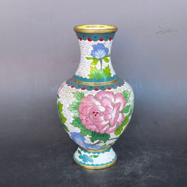 White Pair of Vintage Cloisonné Enamel Peony Vases With Bird Motif For Sale - Image 8 of 9