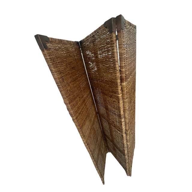 Vintage Rattan 3 Panel Honey Brown Folding Screen or Room Divider, Metal Corners For Sale - Image 4 of 6