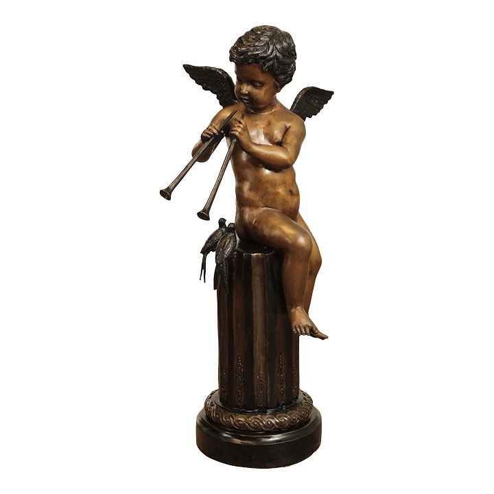 Tall Bronze Garden Statue Cherub with Horn on Column Pedestal Chairish