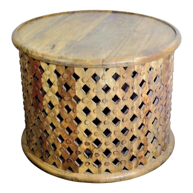 Modern Farmhouse Hand Carved Lattice Solid Wood Round End Table For Sale