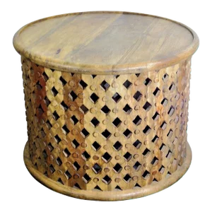 Modern Farmhouse Hand Carved Lattice Solid Wood Round End Table
