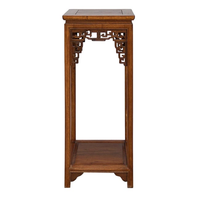 Chinese Light Brown Stain Square Ru Yi Plant Stand Pedestal Table For Sale
