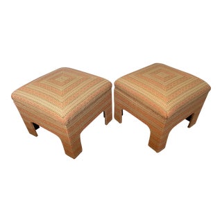 Late 20th Century Custom Upholstered Ottomans Large Pastel Striped Poufs Desert Tones Pale Pink- a Pair For Sale